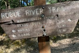 Wooden sign that says Rogue River Trail